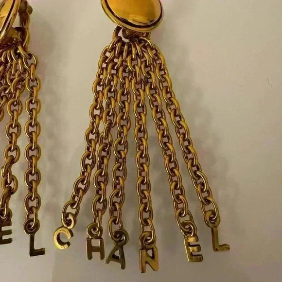 CHANEL Gold Plated Clip-On Chain Dangle/Button Earrings Vintage - Picture 5 of 9